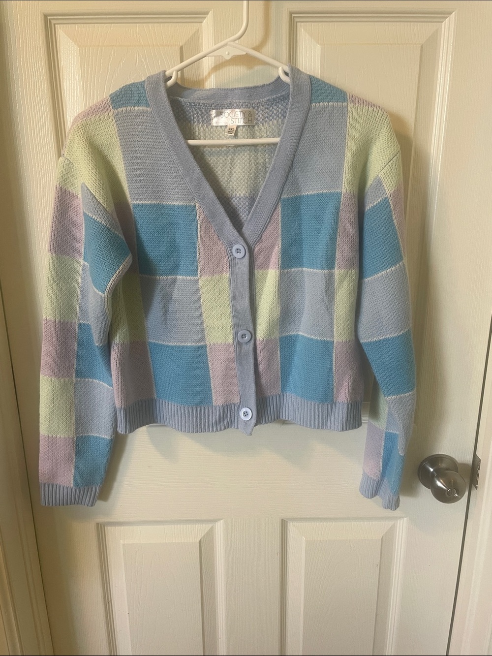 Society & Stitch Pastel Check Cropped Cardigan Sweater - Multi Pastel, XXL